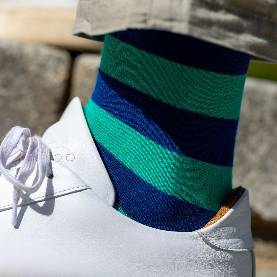 Lime Green And Navy Blue Striped Swole Panda Bamboo Socks 7-11 UK