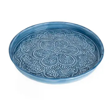 32cm Round Embossed Metal Tray - Dark Blue