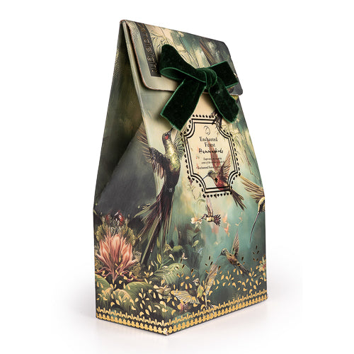 Side view of Candlelight Hummingbird Peony Bath Salts gift packaging with hummingbird illustrations and green velvet ribbon.