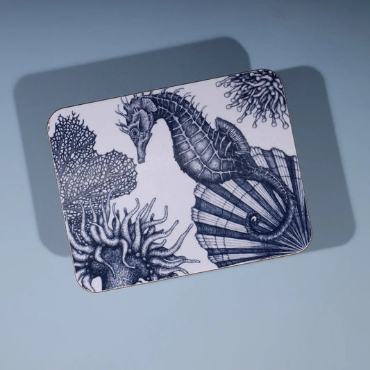 Blue and White Seahorse Design Coaster - Cream Cornwall