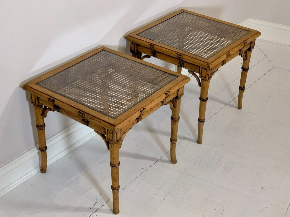 A pair of 1950s Faux Bamboo Side Tables with Cane and Glass Tops