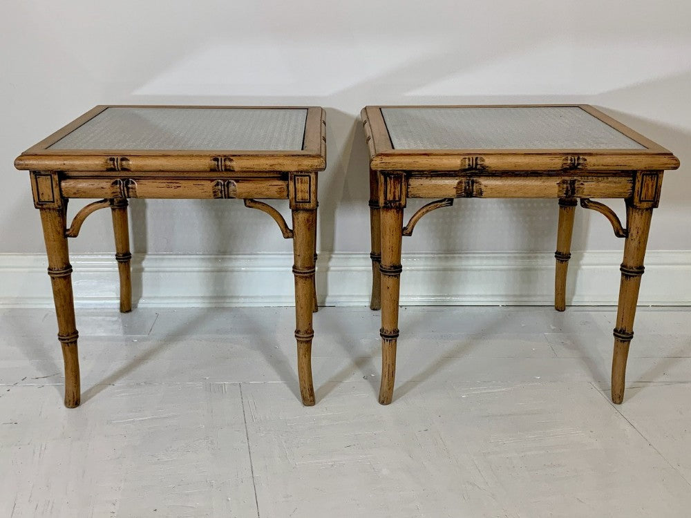 A pair of 1950s Faux Bamboo Side Tables with Cane and Glass Tops