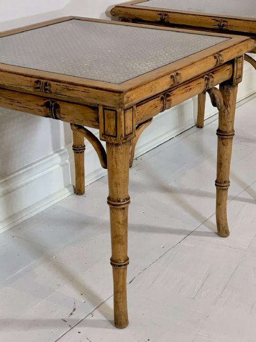 A pair of 1950s Faux Bamboo Side Tables with Cane and Glass Tops