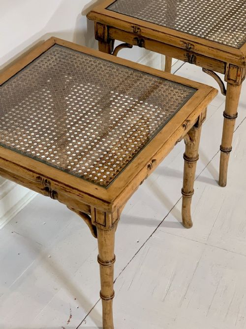 A pair of 1950s Faux Bamboo Side Tables with Cane and Glass Tops
