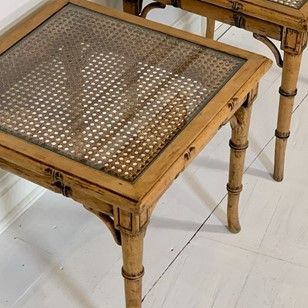 A pair of 1950s Faux Bamboo Side Tables with Cane and Glass Tops