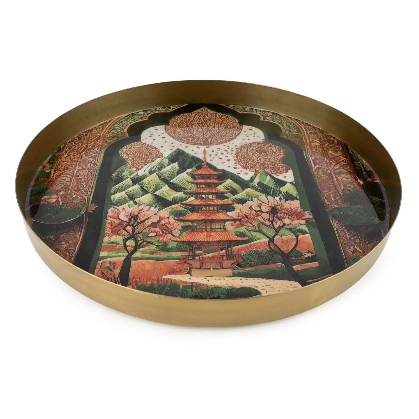 Candlelight Samarkand Metal Tray – Antique Gold Round Decorative Tray 2