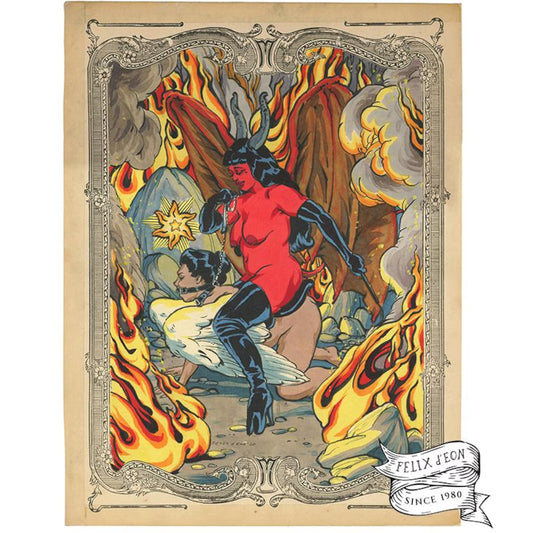 Vintage-style illustration with a devil-like figure and flames, featuring the brand 'Felix J. Eon'.