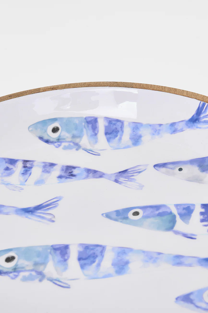 Enamelled Large Wooden Bowl – Fishbone Design#5
