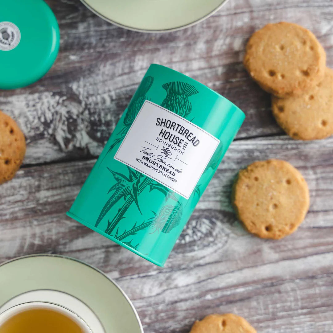 Handmade Traditional Shortbread Biscuits – 140g Gift Tin - with Warming Stem Ginger Open Tin
