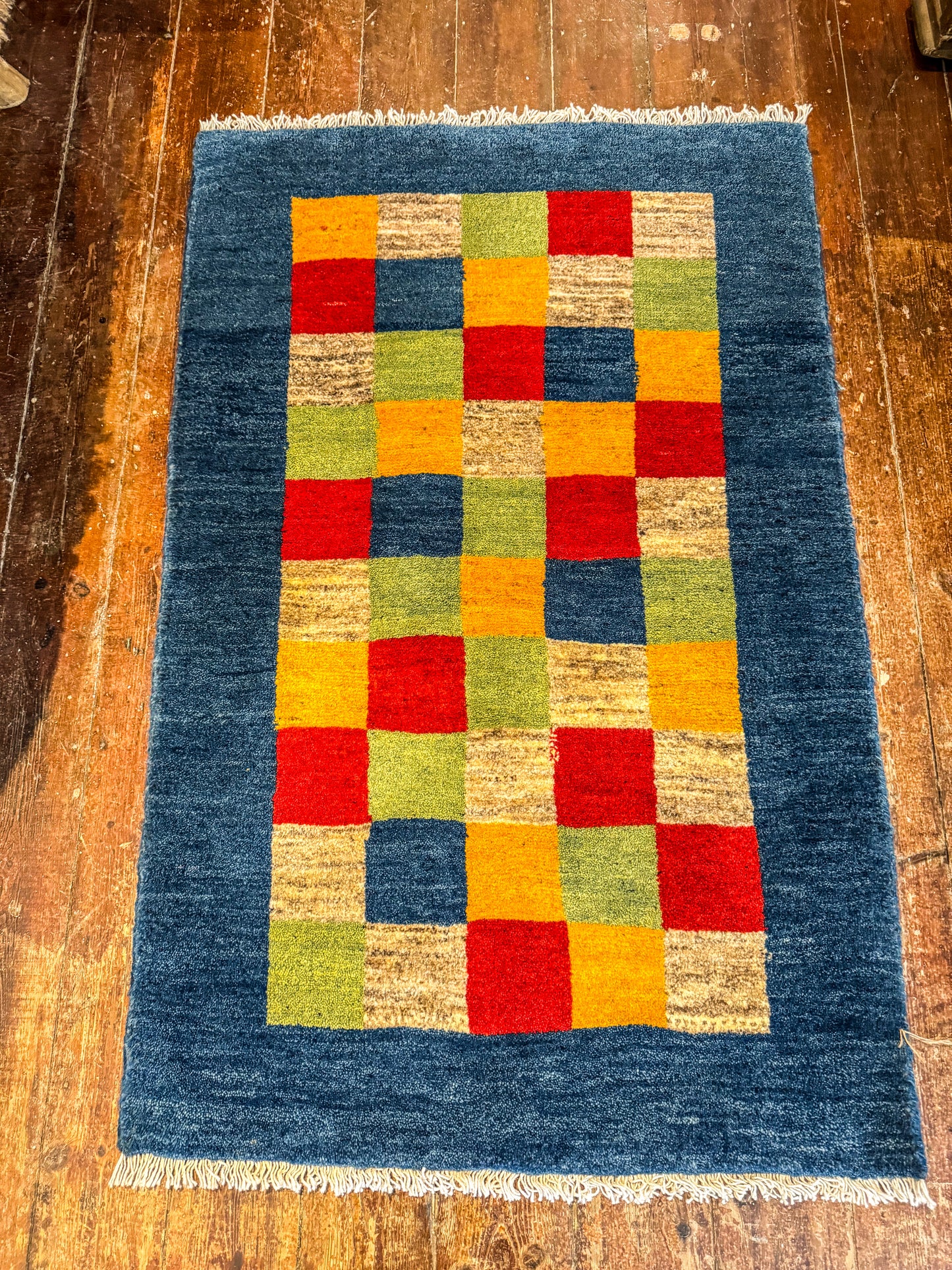 Handwoven Persian Gabbeh Wool Rug 130x85cm Check with Blue Border - Multicoloured Traditional Design