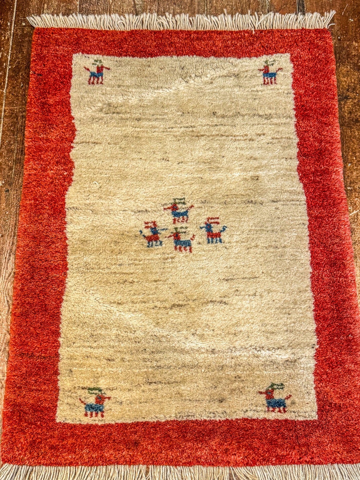 Handwoven Persian Gabbeh Wool Rug 89x66cm Cream with Small Motifs and Rust Border