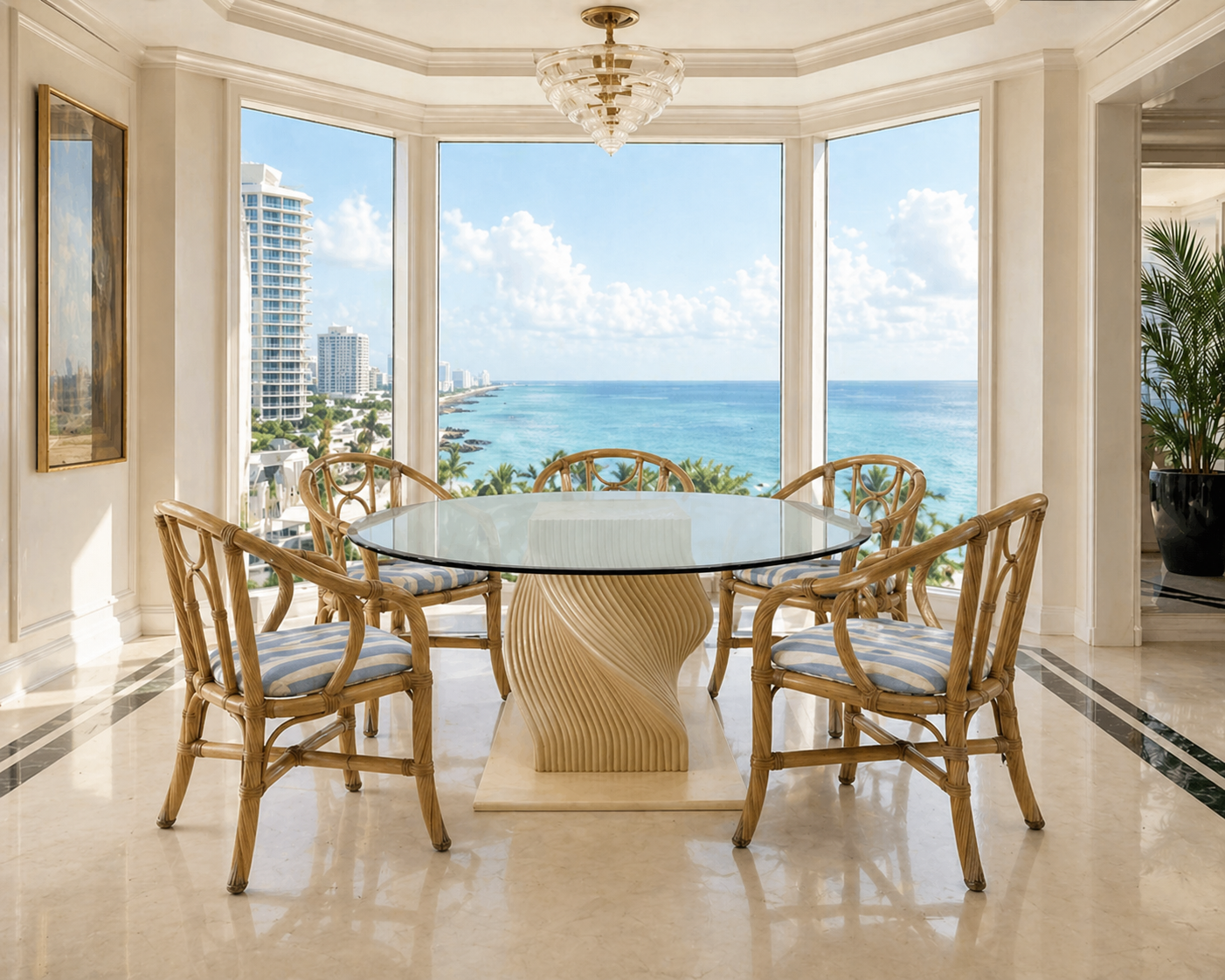 1960s John McGuire Spiral Faux Bamboo Dining Table with Circular Glass Top