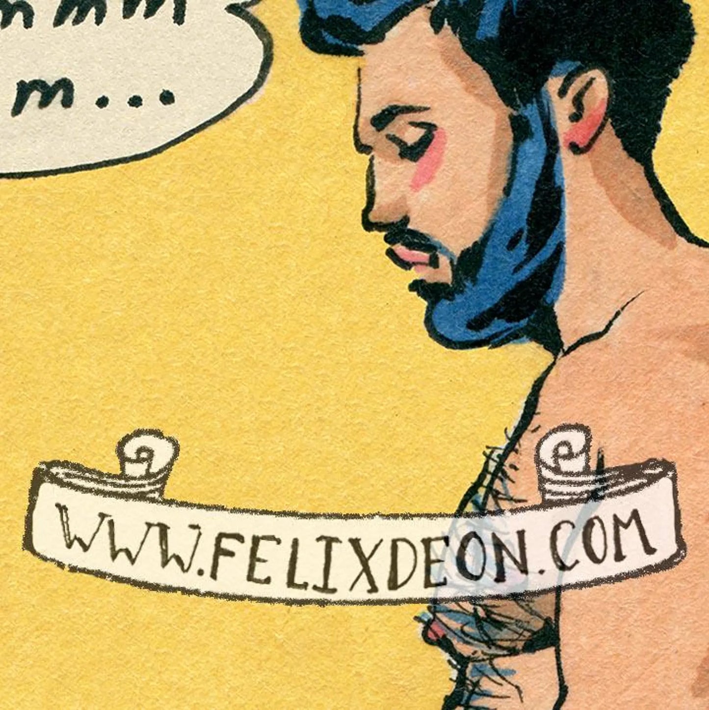 Cartoon-style illustration of a man with a blue bandana and a banner on a yellow background.