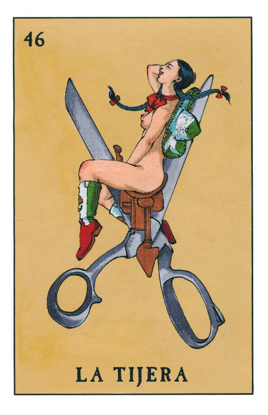 Card from a tarot deck featuring a woman sitting on a pair of large scissors with 'La Tijera' at the bottom.