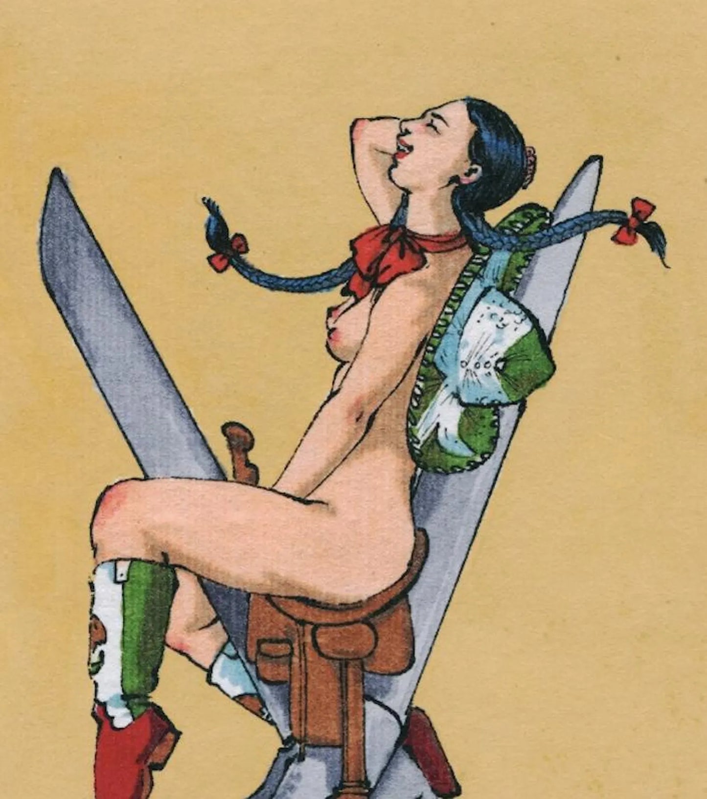 Illustration of a woman with braided hair holding a sword on a beige background