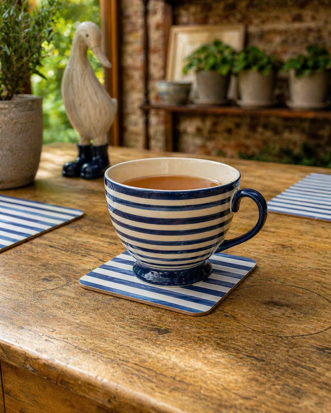 Navy/White Striped Footed Mug By Jeff Banks in situ