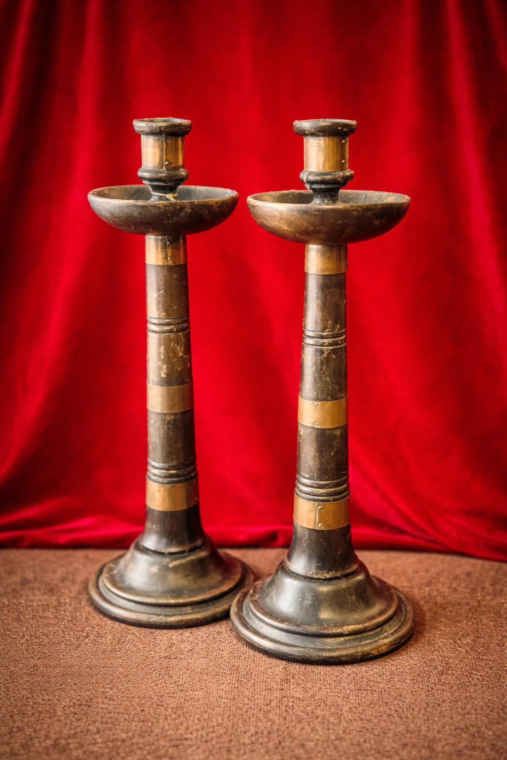 Pair of Arts & Crafts Brass and Wooden Candlesticks