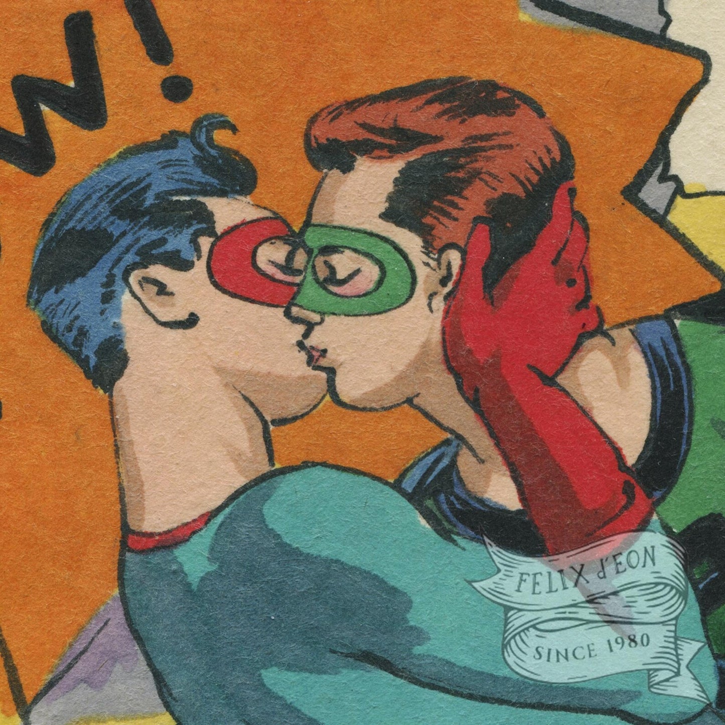 Close up Two cartoon characters embracing with a colorful background