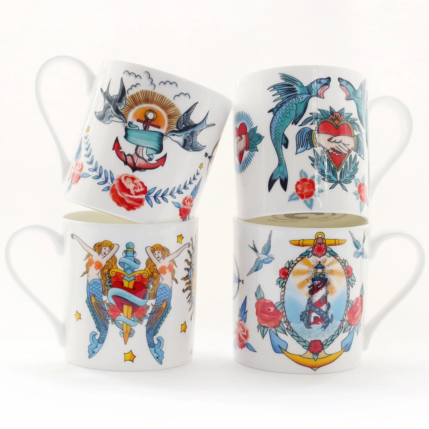 Sailor's Story Mermaid Bone China Mug – Tattoo Art Collection | Cream Cornwall set 3