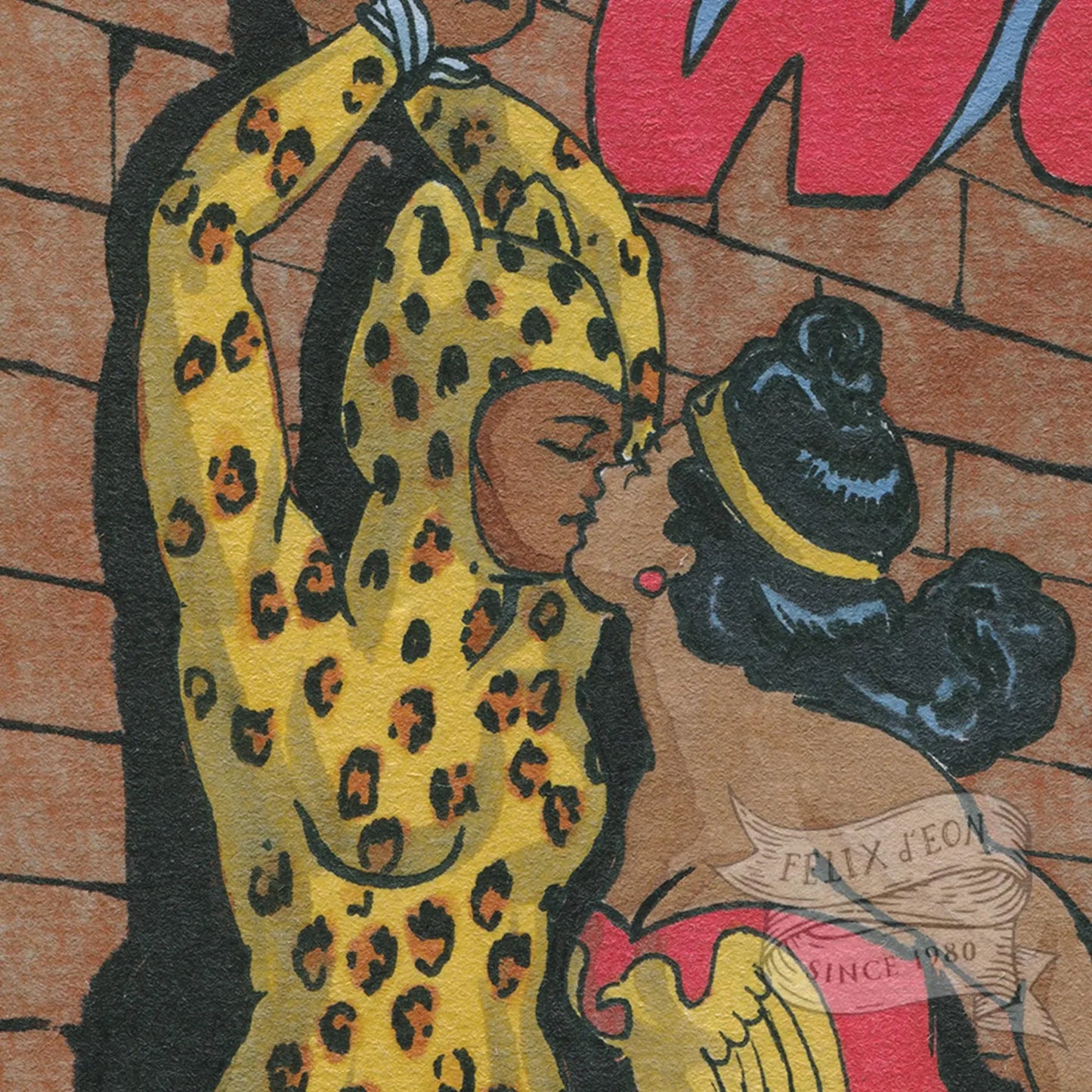 Close up of "The Cheeta's Kiss" Print By Felix d'Eon Illustration of a woman with a leopard print headscarf and another figure in the background.