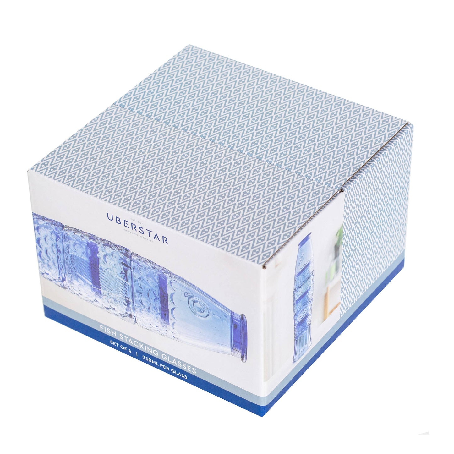 Uberstar Fish Stacking Glasses – Set of 4 Blue Glass Tumblers Box 2