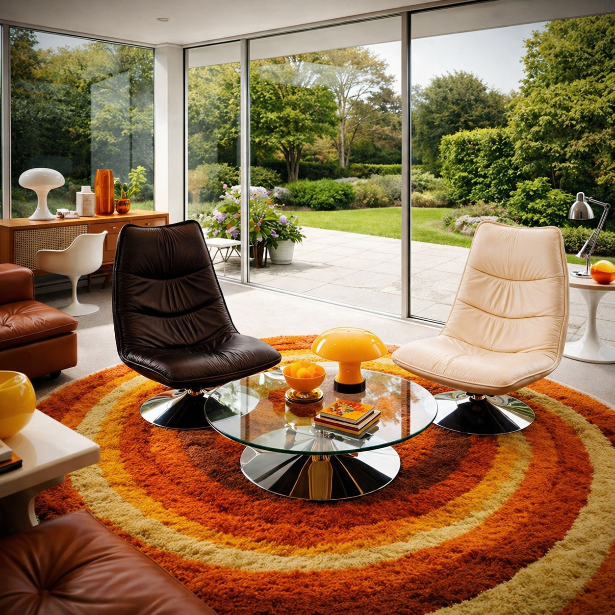 Vintage 1970s Italian Black Leather Tilt & Swivel Lounge Chair – Mid-Century Design cream and black