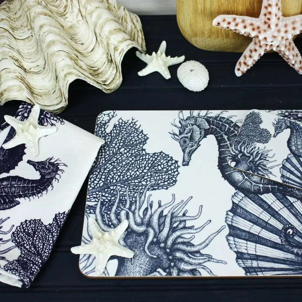 Blue and White Seahorse Placemat - Cream Cornwall