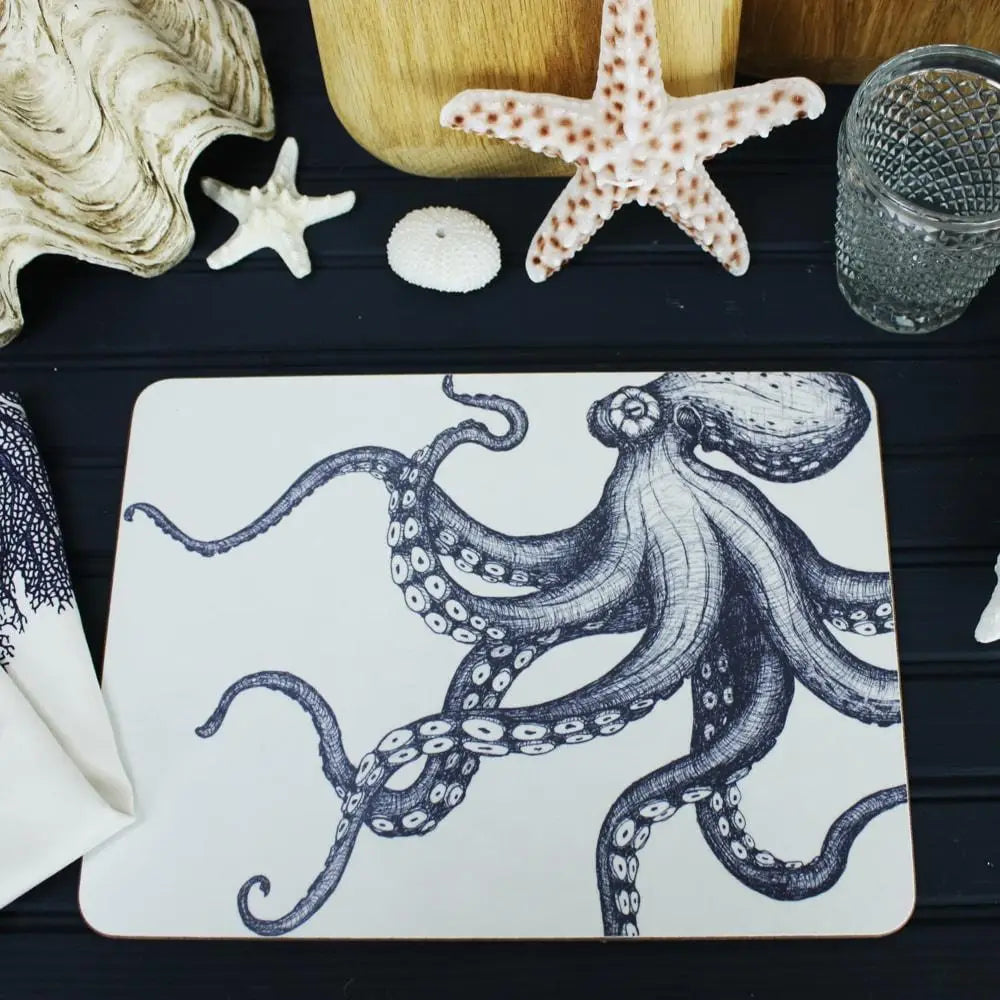 Blue and White Octopus Design Placemat - Cream Cornwall