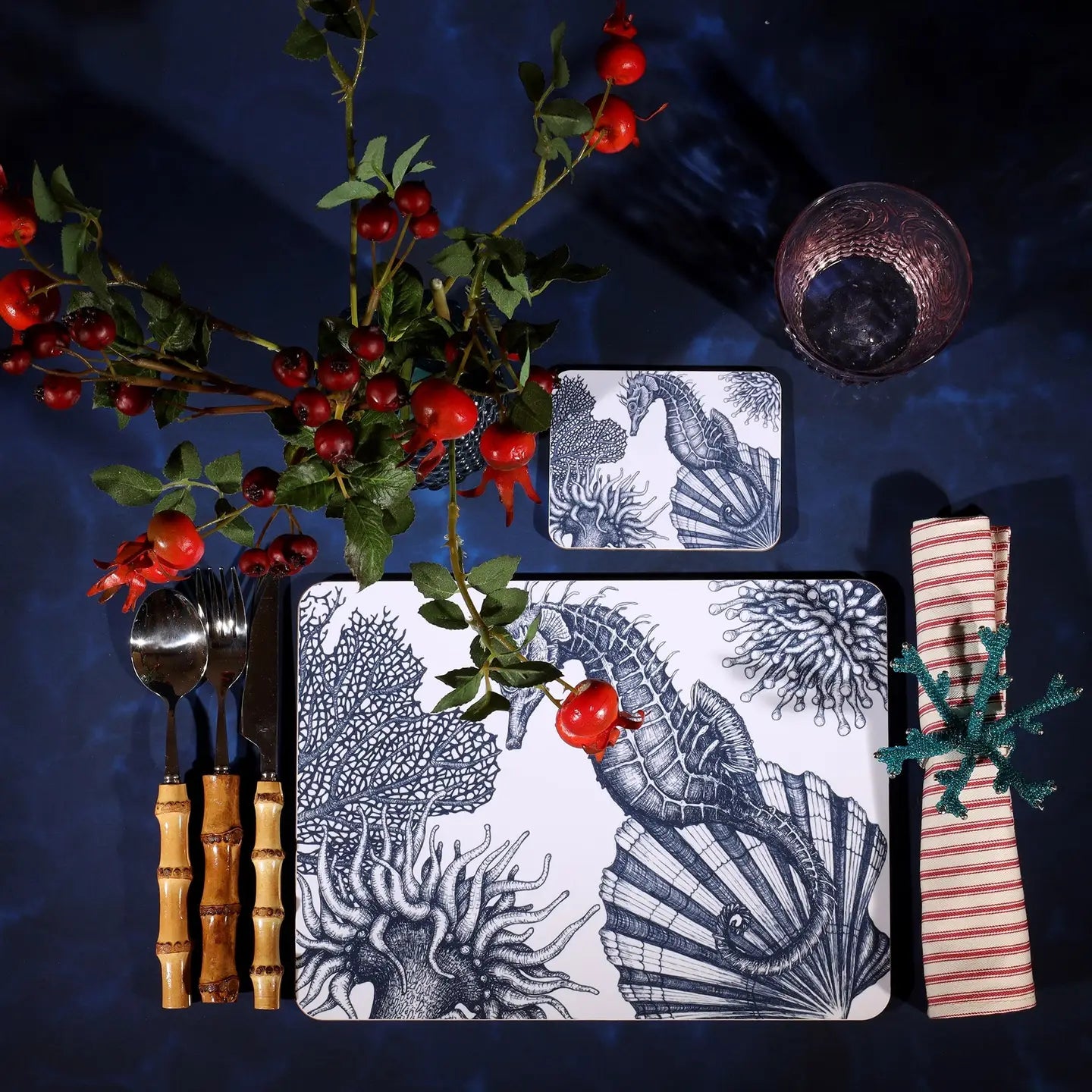 Blue and White Seahorse Placemat - Cream Cornwall