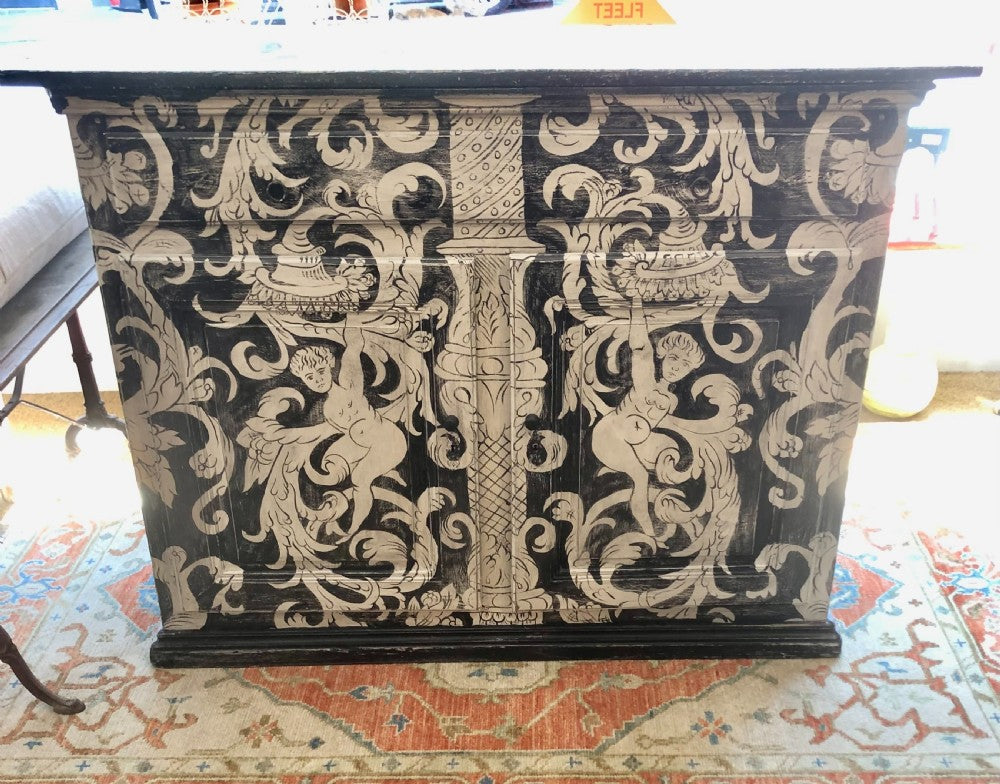 Hand-painted 19th Century Black and White 'Grotesque' French Buffet/Cabinet by Melissa White