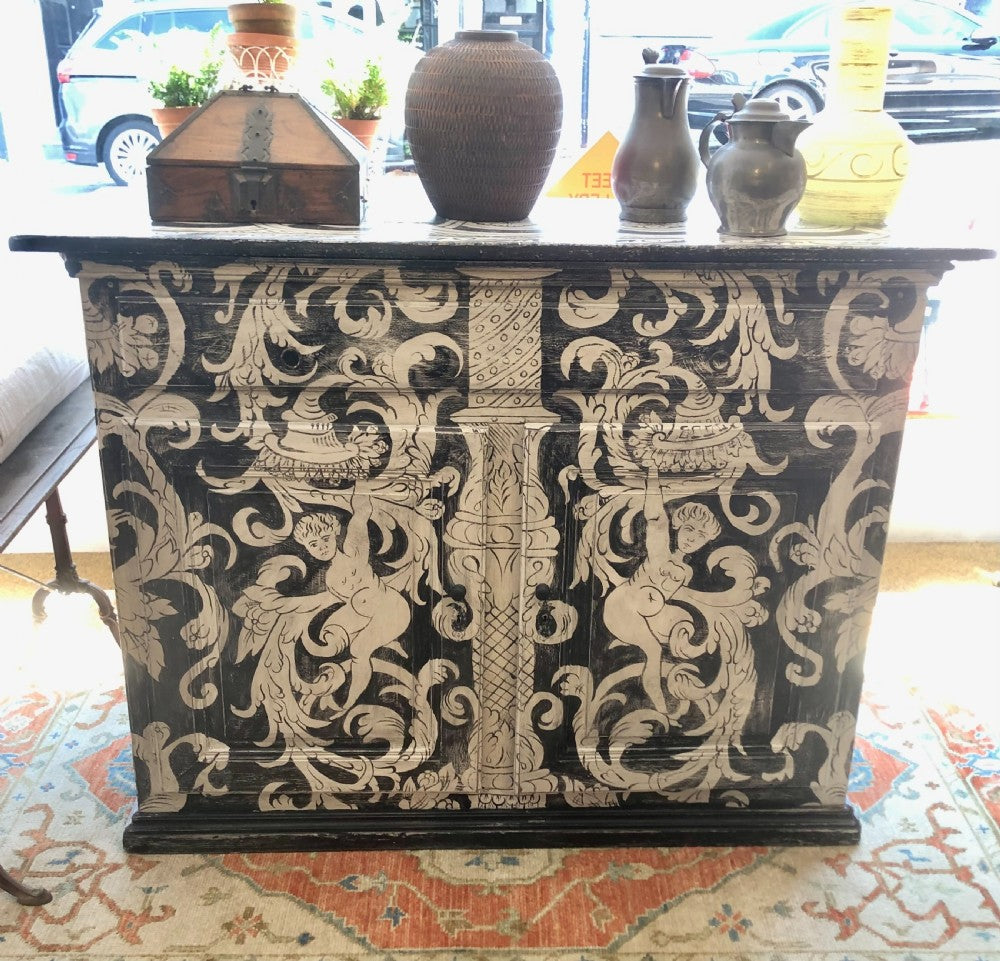 Hand-painted 19th Century Black and White 'Grotesque' French Buffet/Cabinet by Melissa White