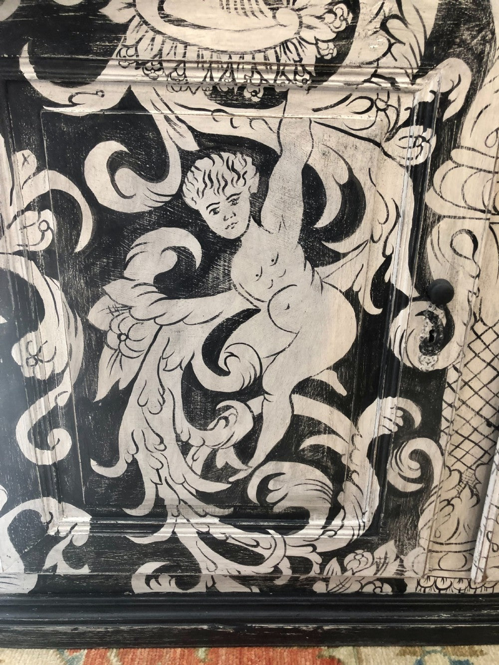 Hand-painted 19th Century Black and White 'Grotesque' French Buffet/Cabinet by Melissa White