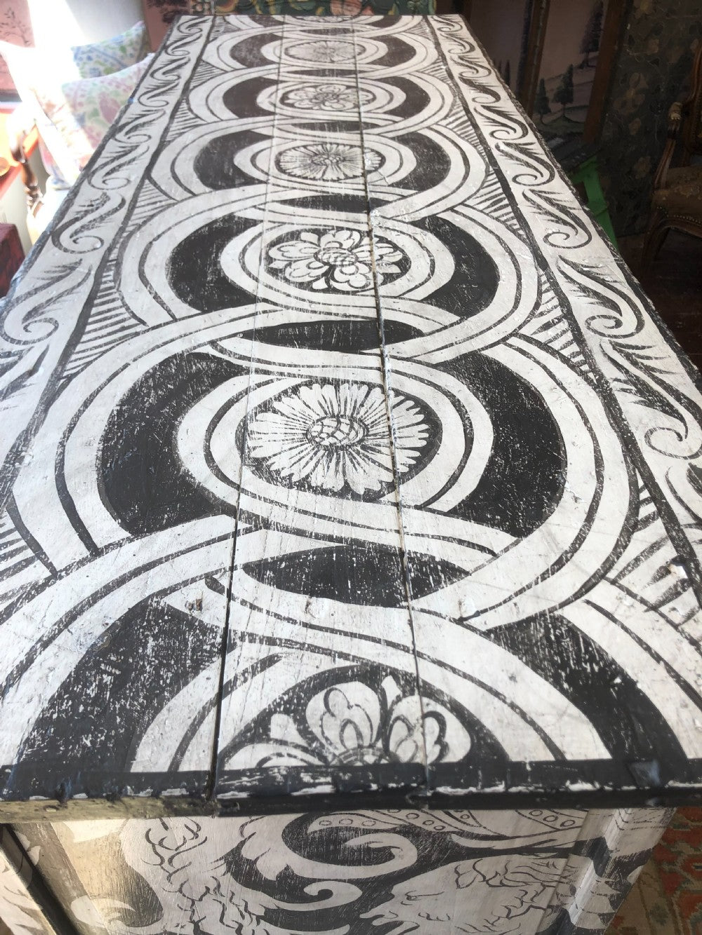 Hand-painted 19th Century Black and White 'Grotesque' French Buffet/Cabinet by Melissa White