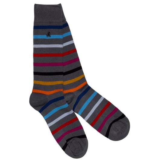 Charcoal And Multicoloured Stripe Swole Panda Bamboo Socks  7-11 UK
