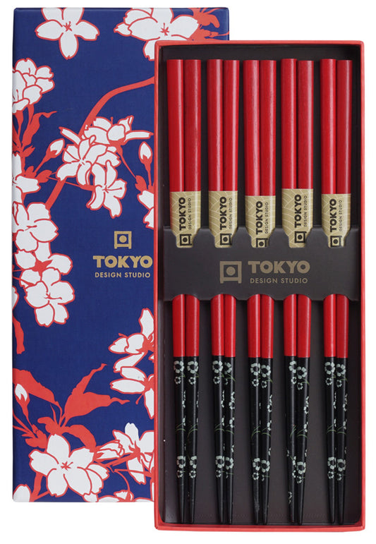 Chopsticks Gift Boxed Red Black Flower 5 Pairs