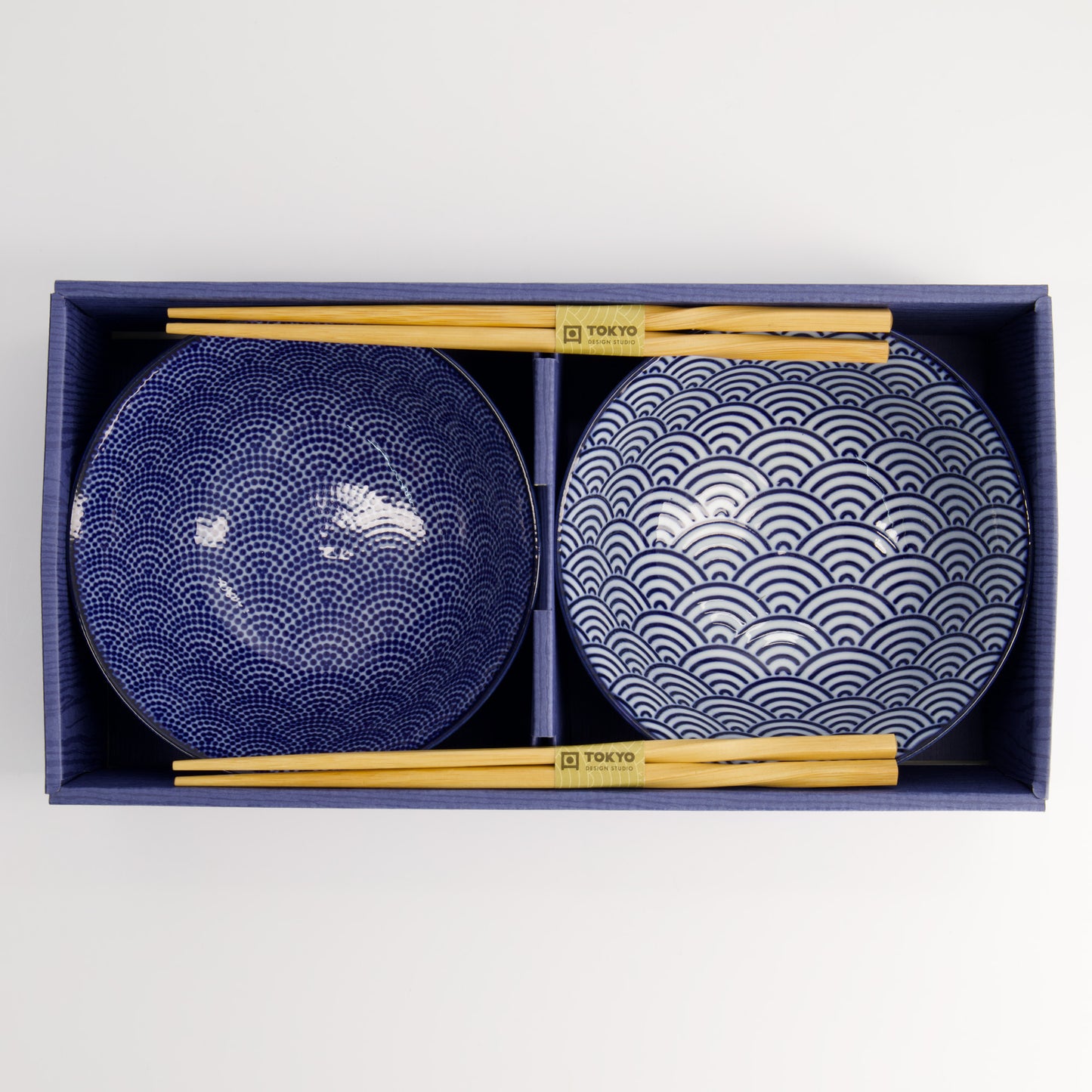 Nippon Blue/White Tayo Bowls and Chopsticks Gift Set "Dots & Waves"