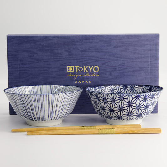 Nippon Blue/White Tayo Bowls and Chopsticks Gift Set "Star & Lines"