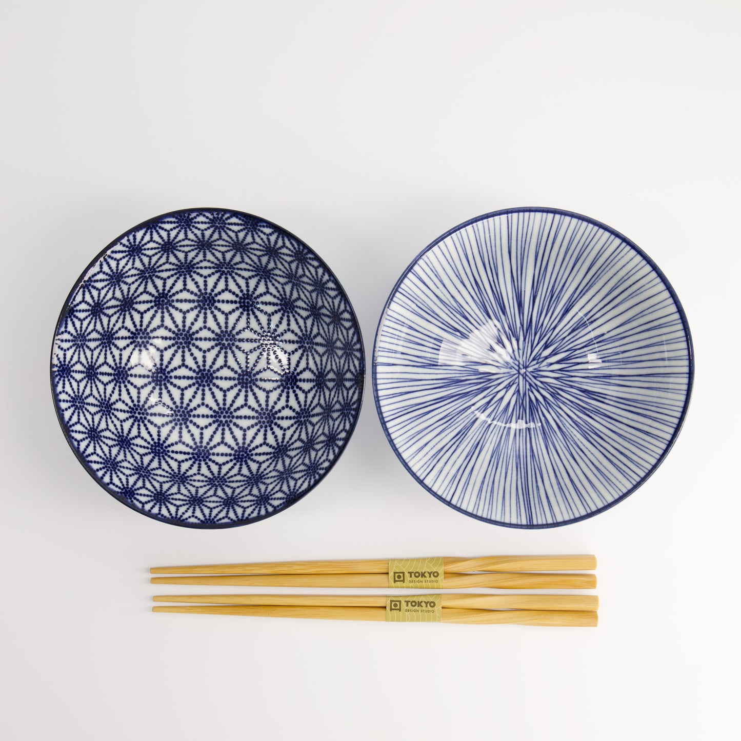 Nippon Blue/White Tayo Bowls and Chopsticks Gift Set "Star & Lines"