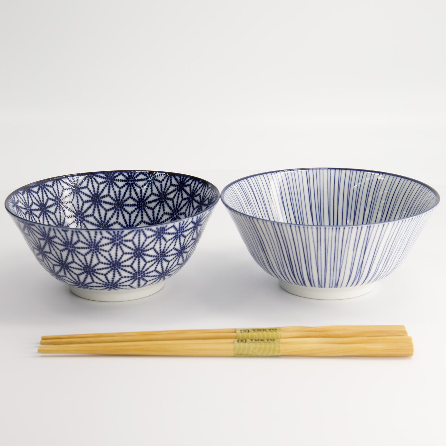 Nippon Blue/White Tayo Bowls and Chopsticks Gift Set "Star & Lines"