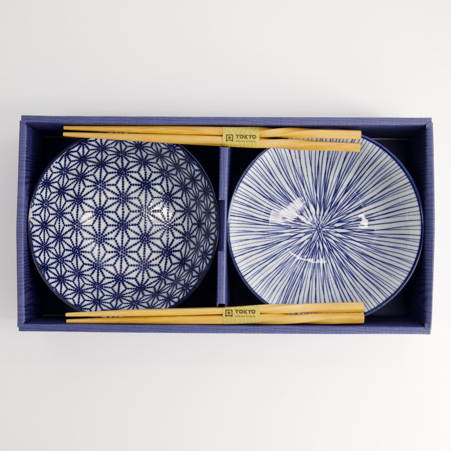 Nippon Blue/White Tayo Bowls and Chopsticks Gift Set "Star & Lines"