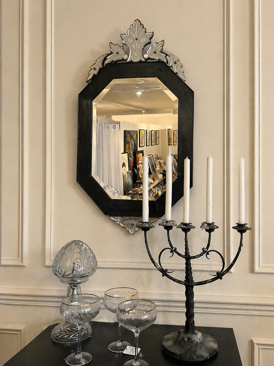 19th Century Ebonised Mirror with Cut Glass Pediment, c.1880 in situ