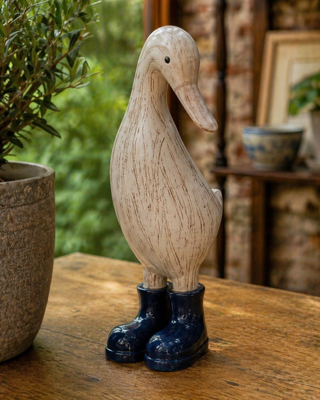 23cm Small Resin Duck in Wellies- Navy Blue in situ