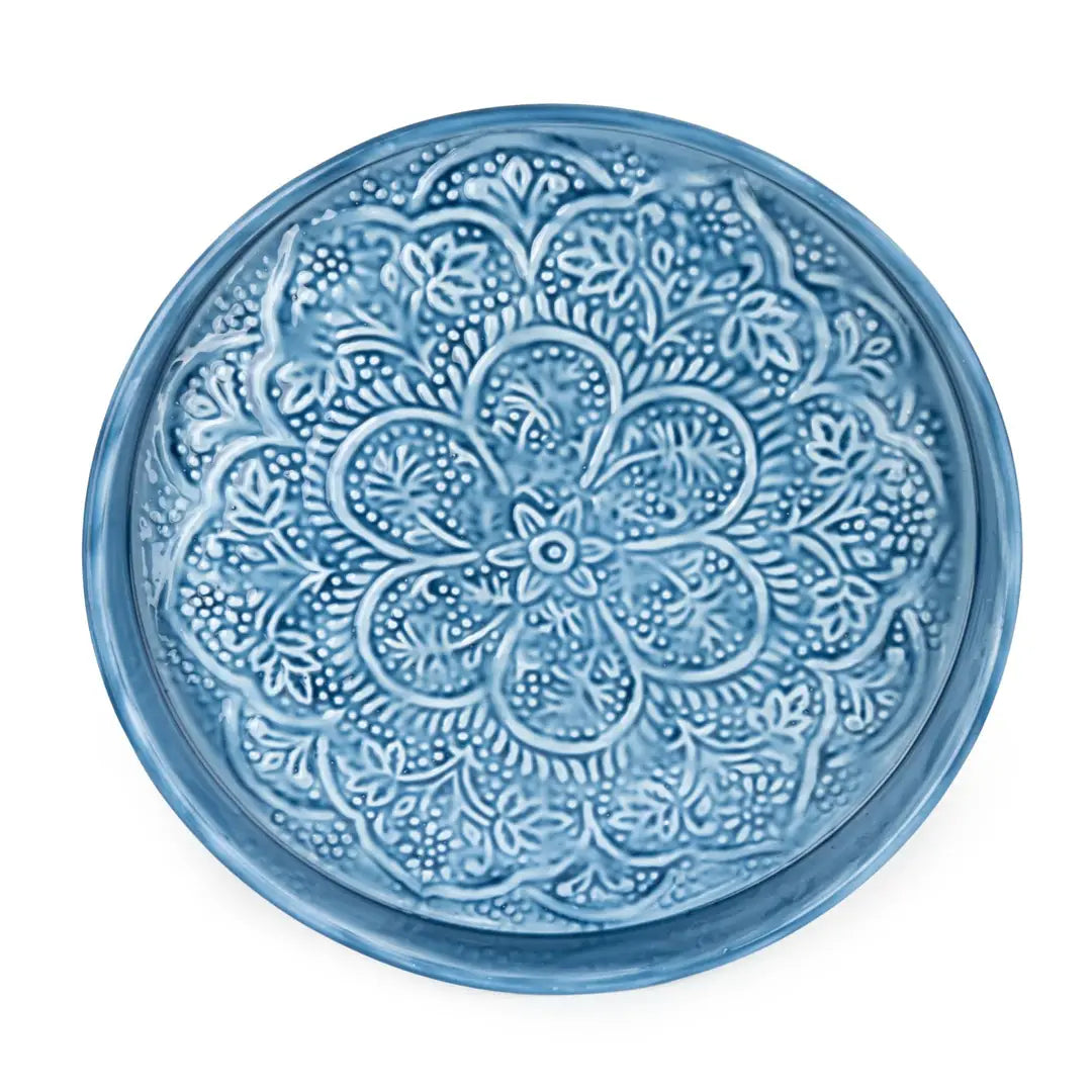 32cm Round Embossed Metal Tray - Dark Blue