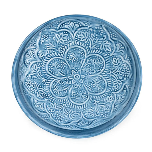 32cm Round Embossed Metal Tray - Dark Blue