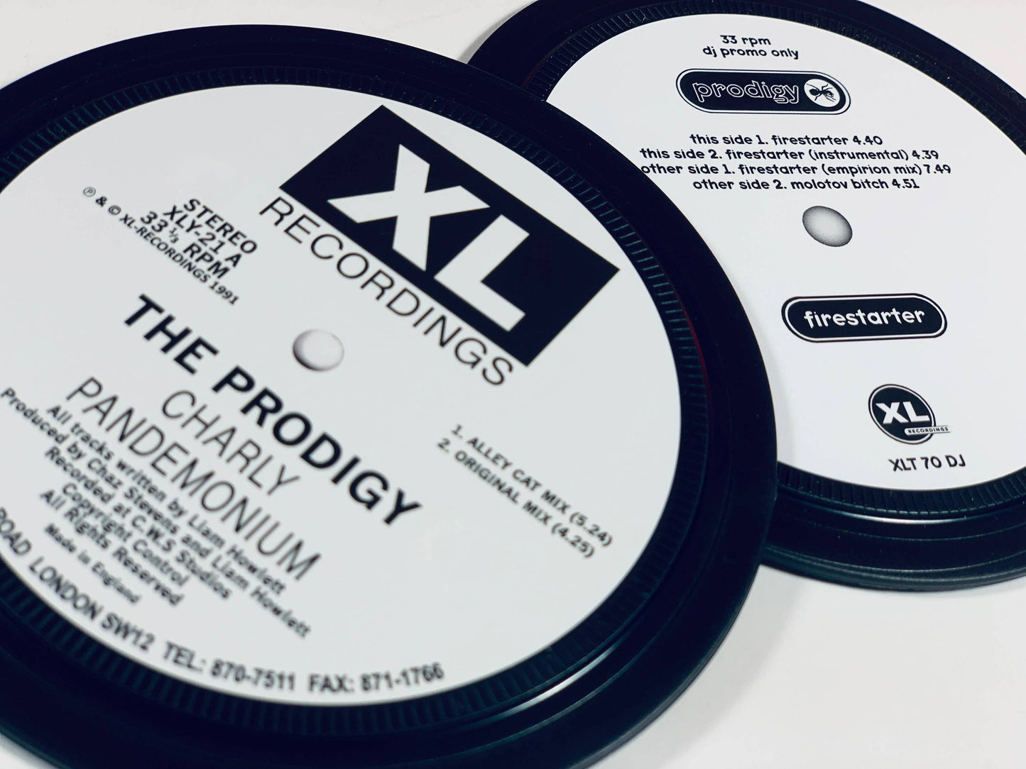 Prodigy. Charly and Firestarter. 2 record label coasters.