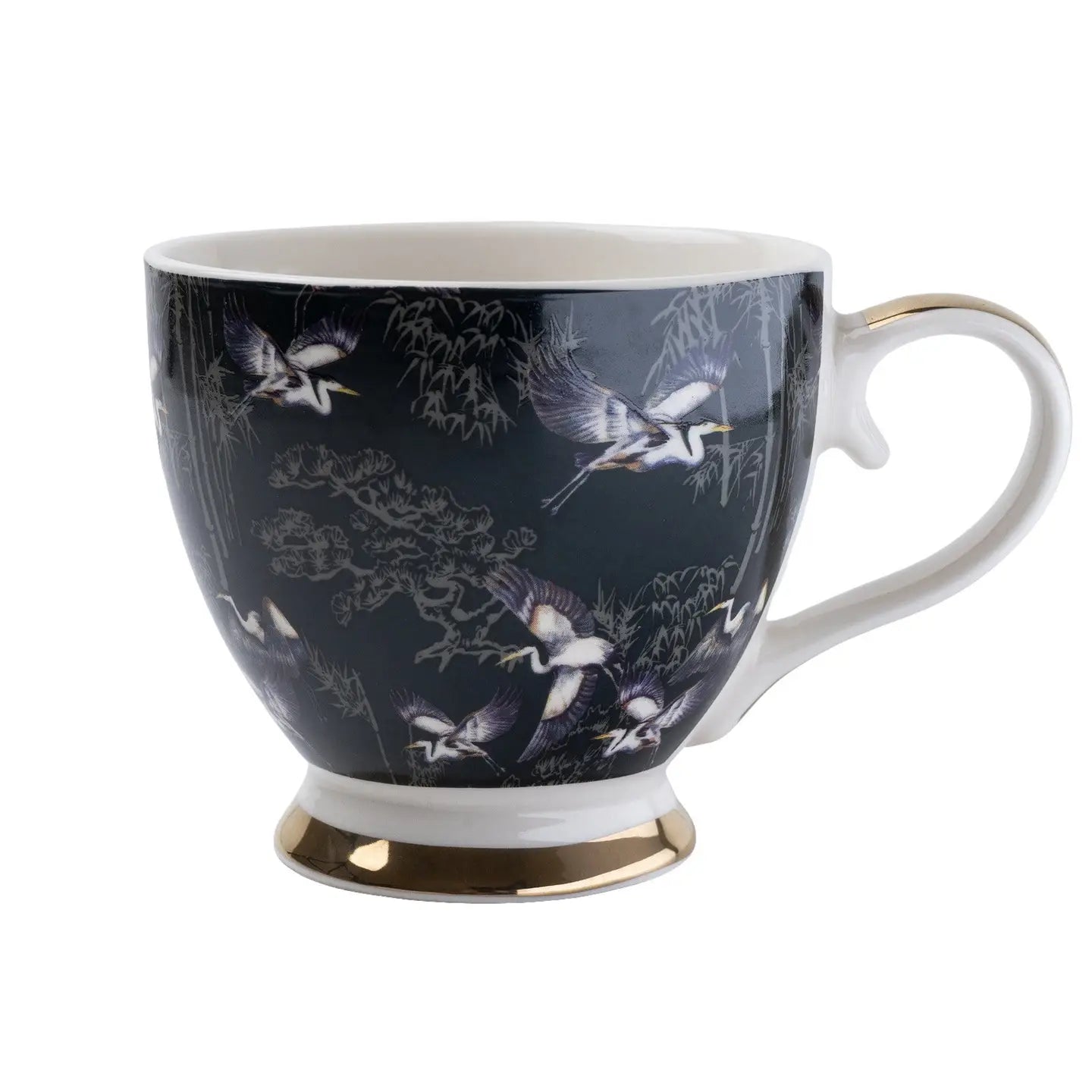 Footed Mug in Oriental Heron Design with Gold Rim in Gift Box