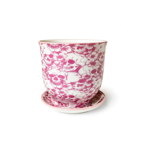 Liberte Porcelain Pot and Saucer with Drainage - Skull Ceramic  - Small