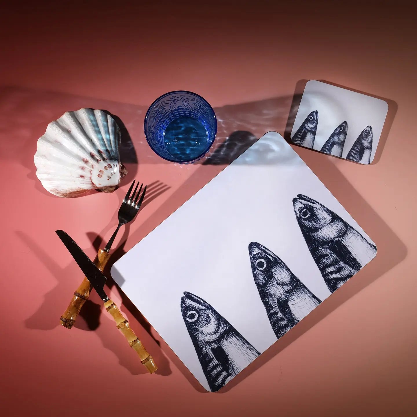 Blue and White Mackerel Heads Design Placemat - Cream Cornwall