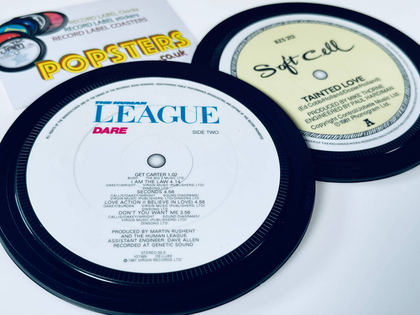 Human League and Soft Cell. 2 1980s record label coasters.