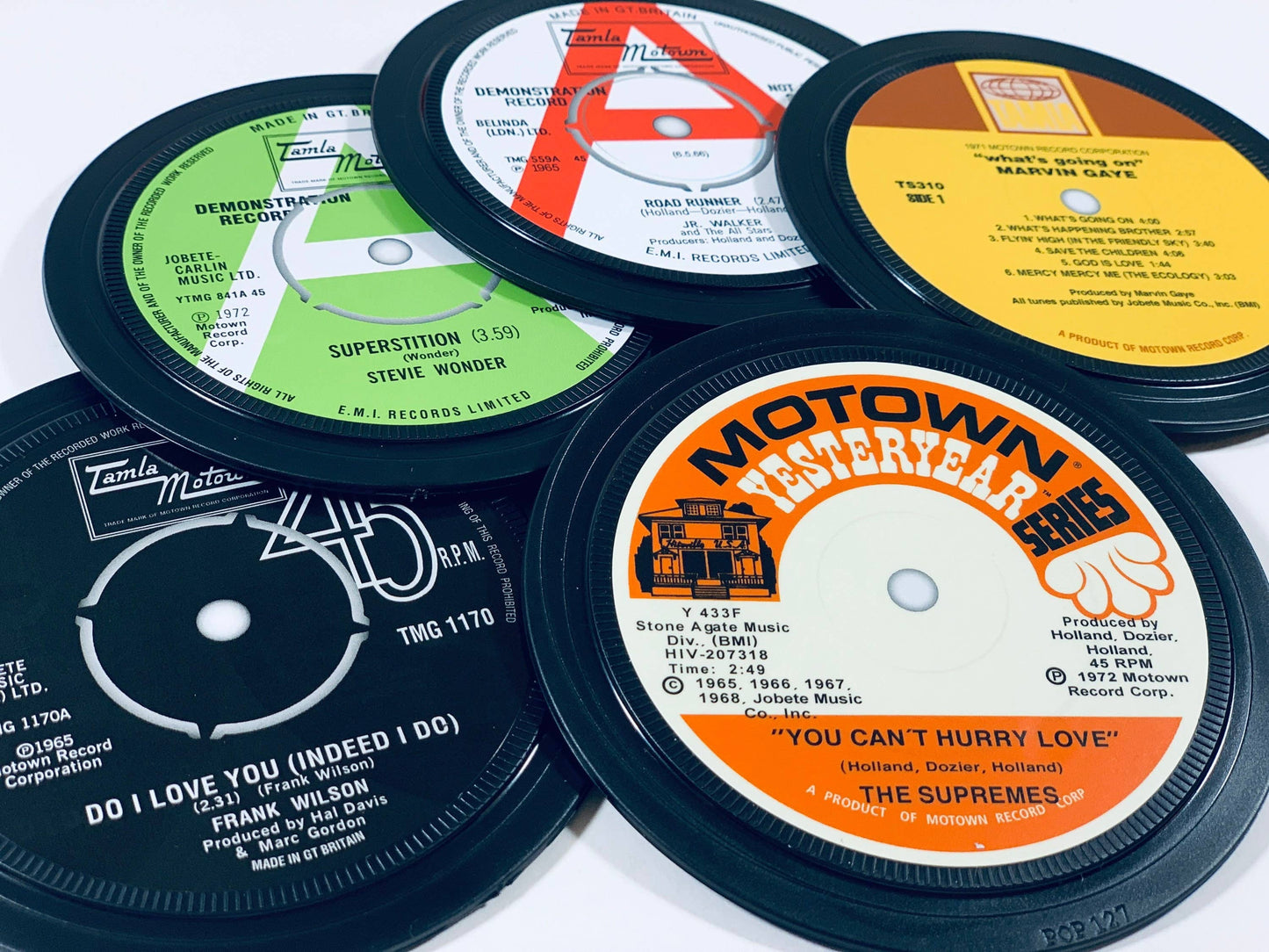 Tamla Motown record label coasters. Popsters